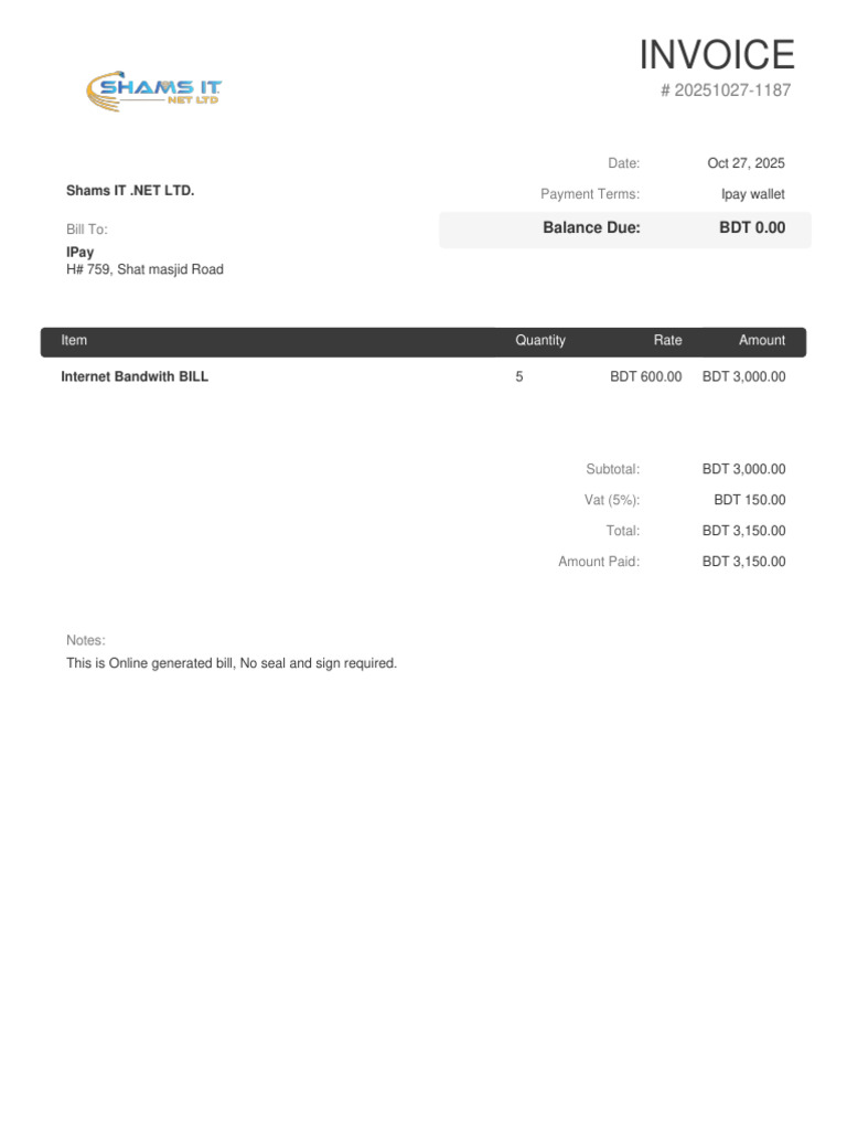 Invoice for Internet Bandwidth Services | PDF