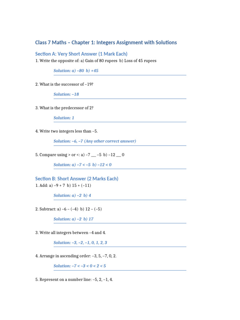 Class 7 Maths: Integers Assignment Solutions | PDF