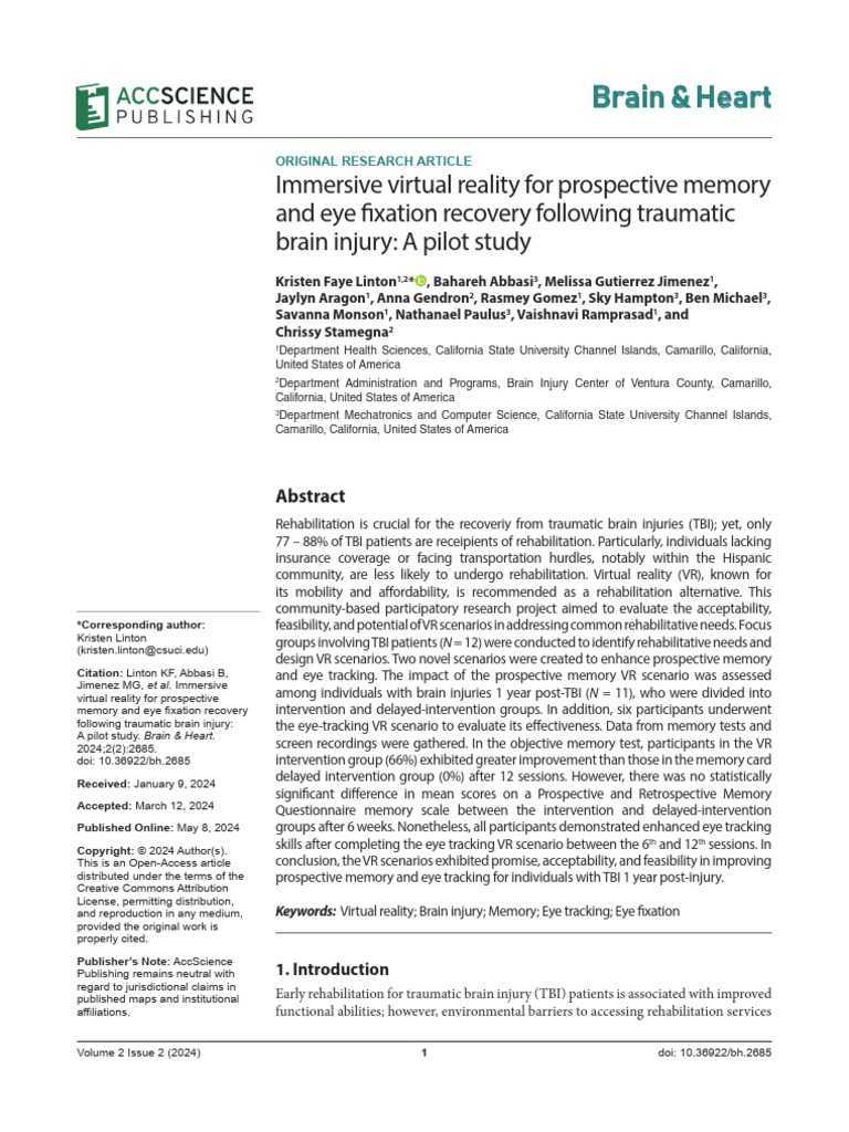 Immersive Virtual Reality For Prospective Memory and Eye Fixation ...