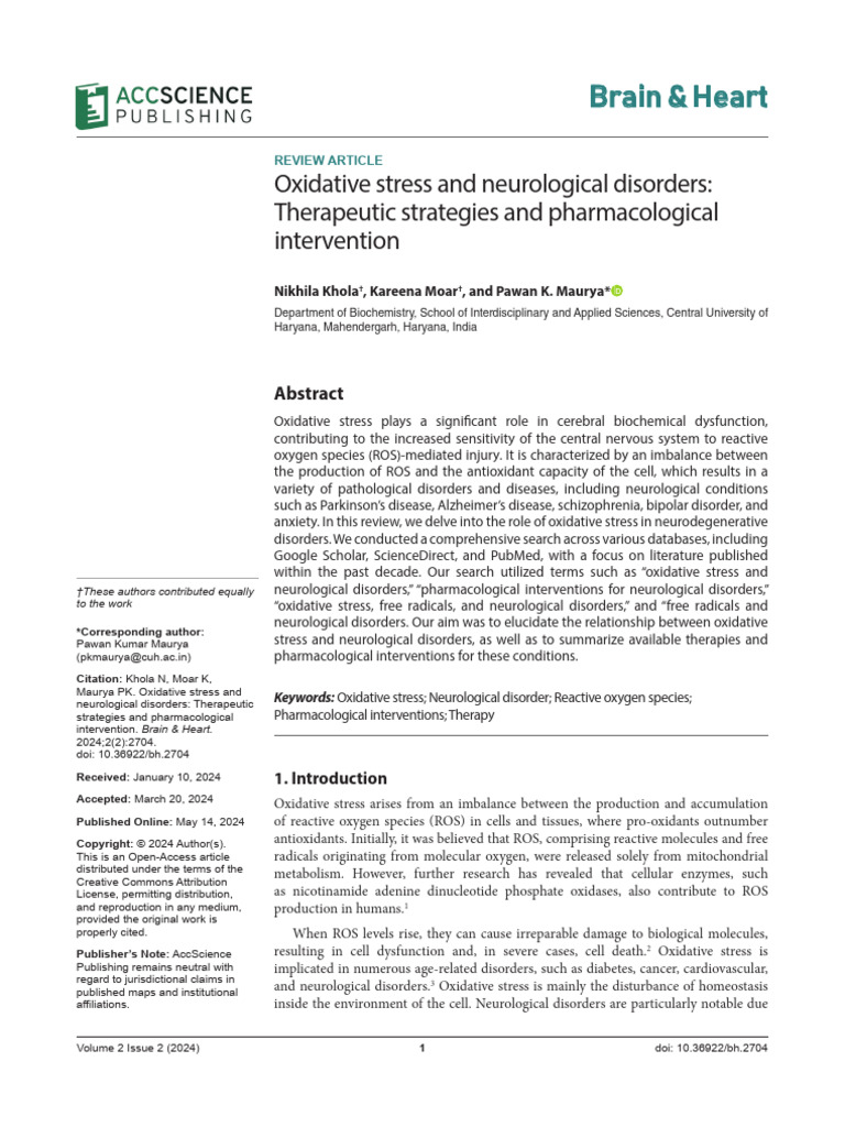 Oxidative Stress and Neurological Disorders: Therapeutic Strategies and ...