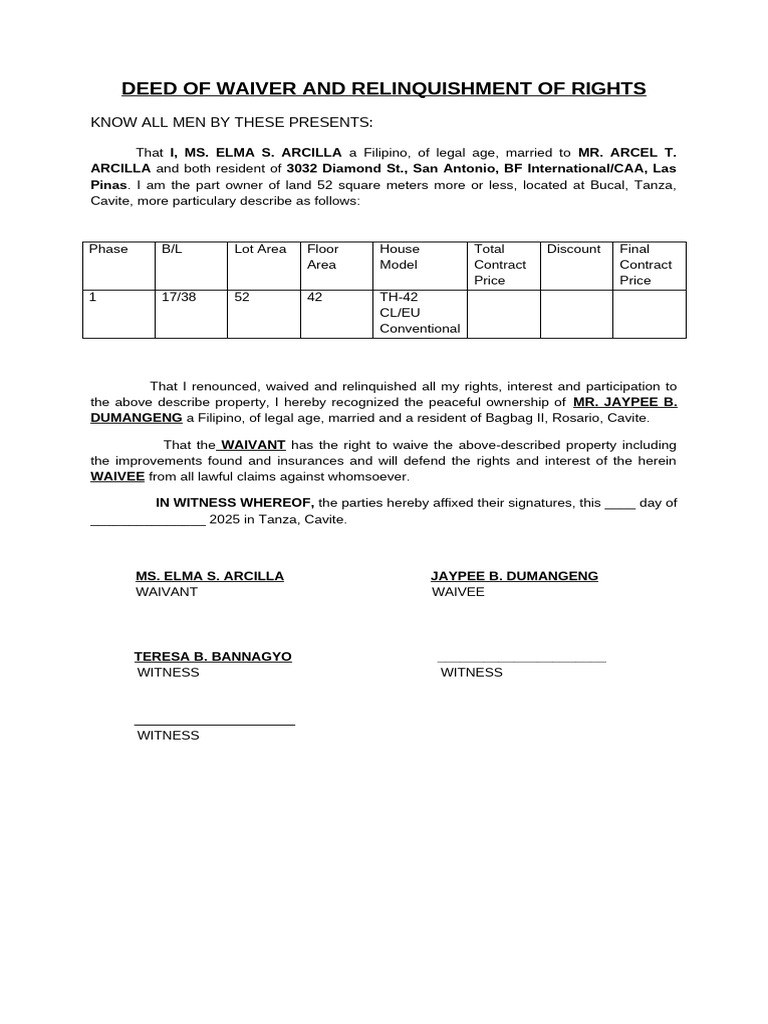 Deed of Waiver and Relinquishment of Rights | PDF | Business Law ...