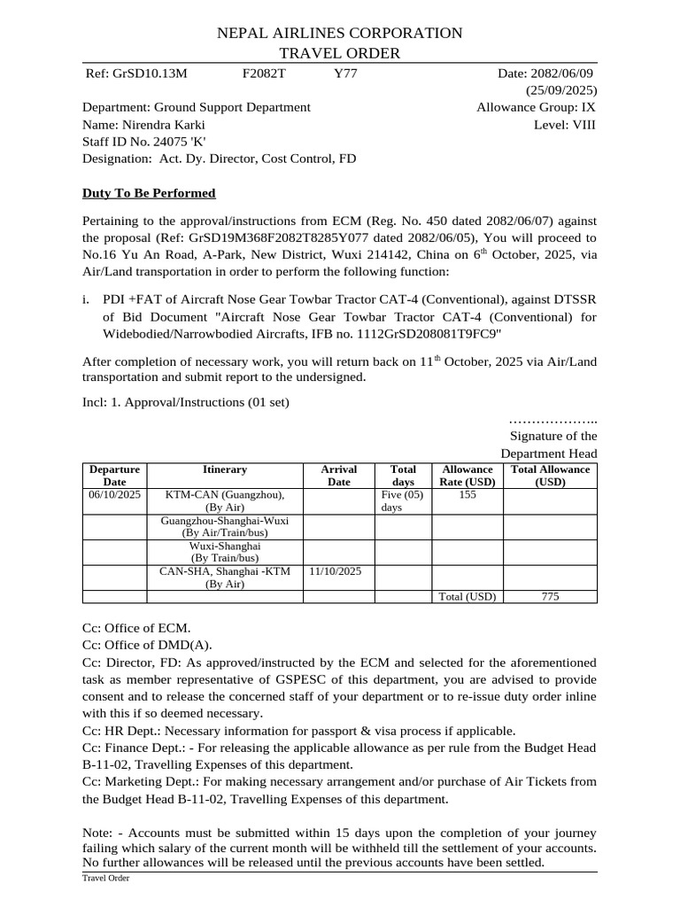 Travel Order 3 Nirendra Karki | PDF | Aviation | Aircraft