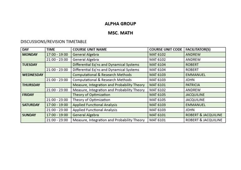 Alpha - Discussions Timetable 2 | PDF