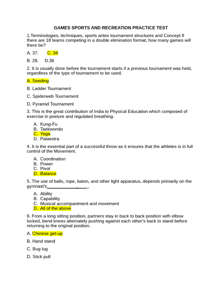 Sports and Recreation Practice Test | PDF | Volleyball | Gymnastics
