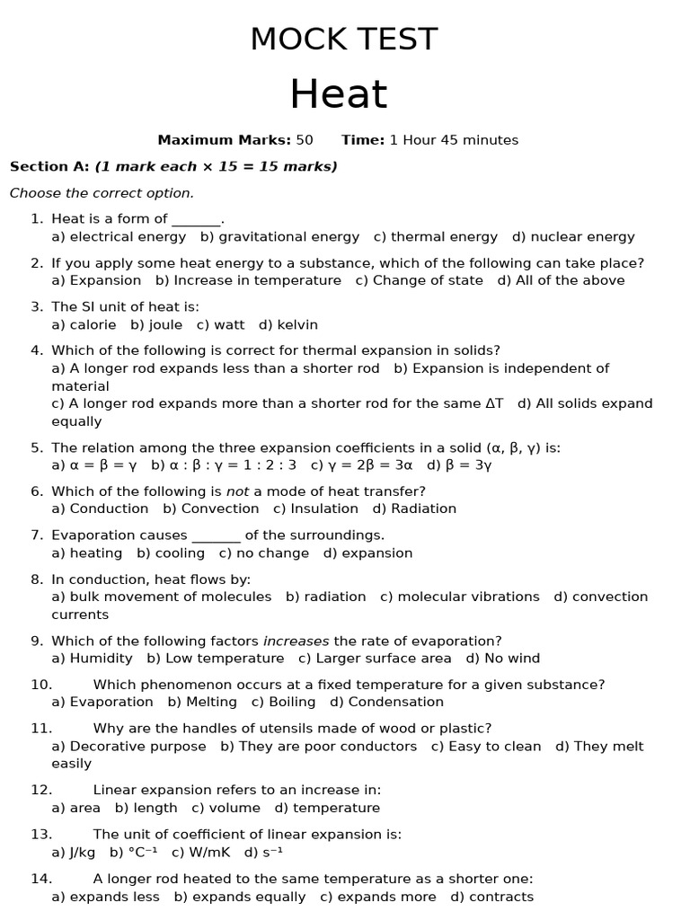 Heat Mock Test with Answers | PDF | Thermal Expansion | Heat Transfer