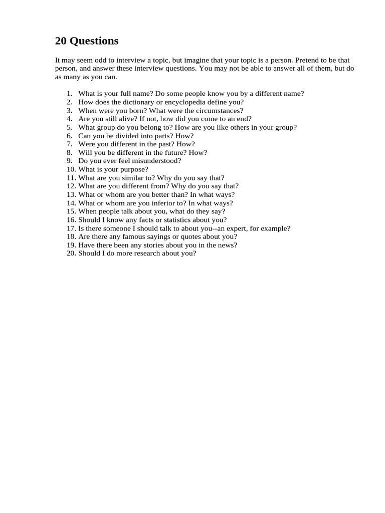 20 Creative Interview Questions for Topics | PDF