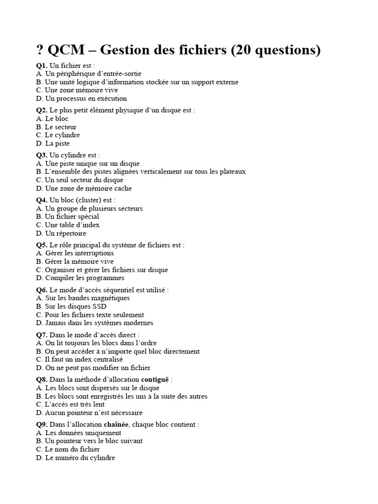 QCM sur la gestion des fichiers et UNIX | PDF | Fichier informatique ...