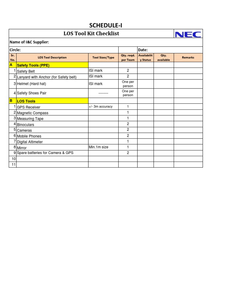 ScheduleI LOS Tool Kit Checklist PDF Manufactured Goods Equipment