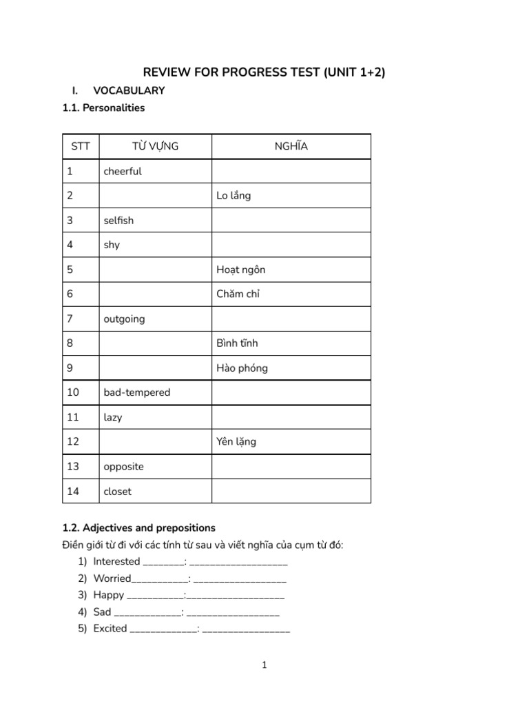 Vocabulary and Grammar Review Unit 1-2 | PDF