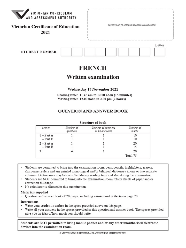 2021 French Exam Structure and Guidelines | PDF | Books
