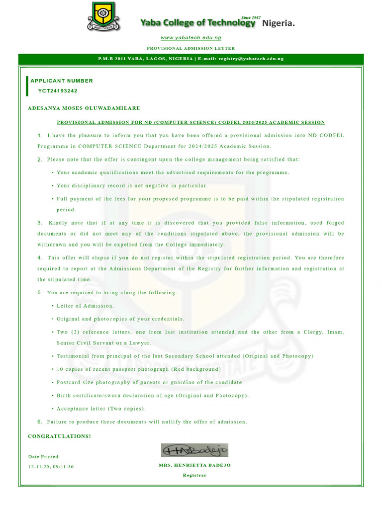 Yabatech Admission Letter For Adesanya | PDF