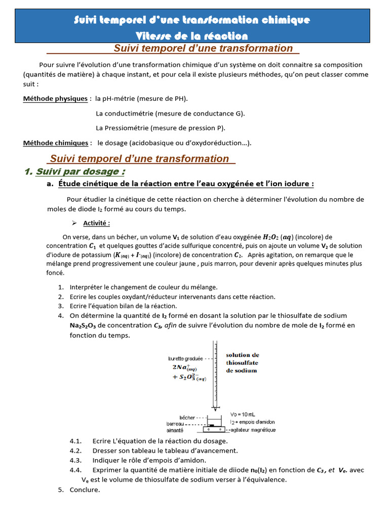 Suivi temporel des transformations chimiques | PDF | Cinétique chimique ...