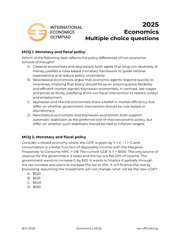 2025 Economics MCQs for Exam Preparation | PDF | Economics | Keynesian ...