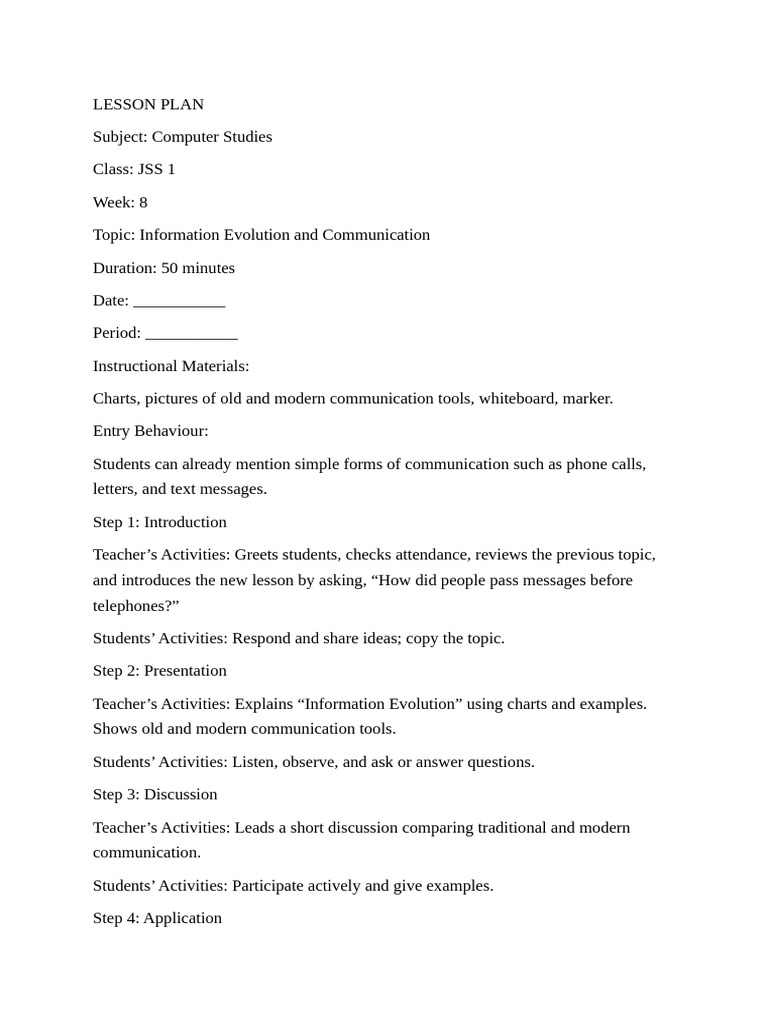 JSS 1 Computer Studies Lesson Plans | PDF | Educational Technology ...