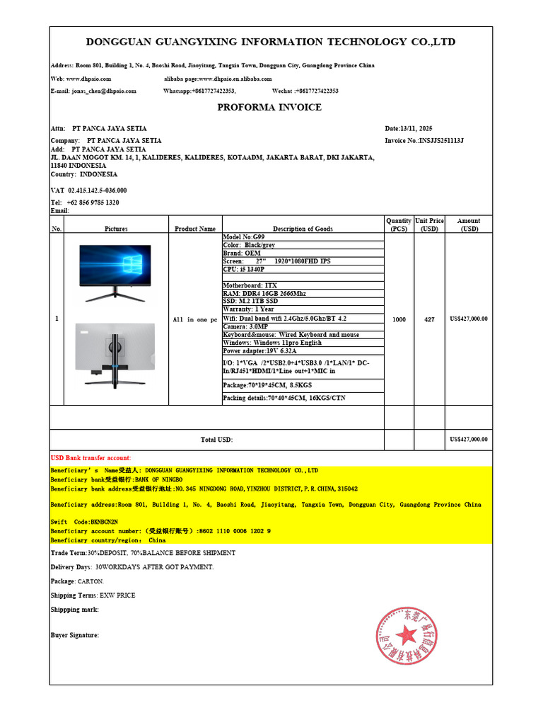 Proforma Invoice for PT Panca Jaya Setia | PDF | Personal Computers ...