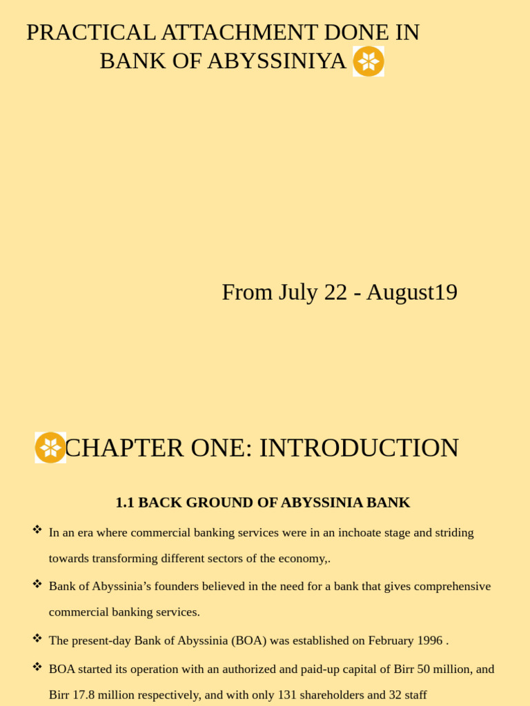 Practical Attachment at Bank of Abyssinia | PDF | Banks | Swot Analysis