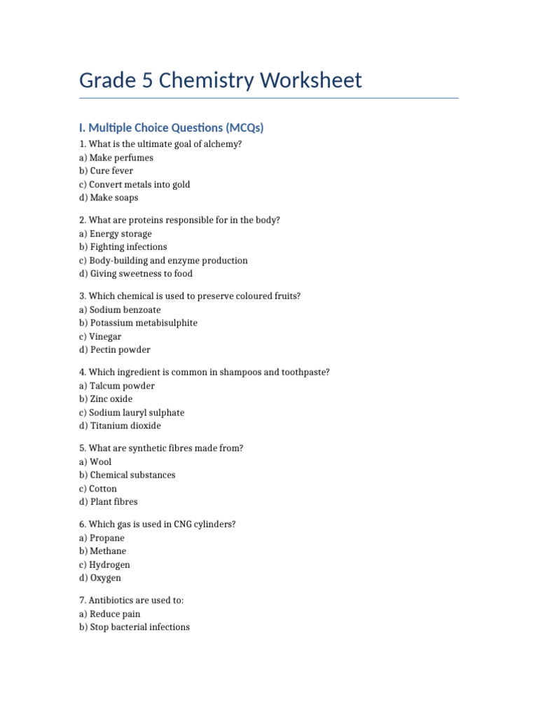 Grade5 Chemistry Worksheet | PDF | Fibers | Sodium