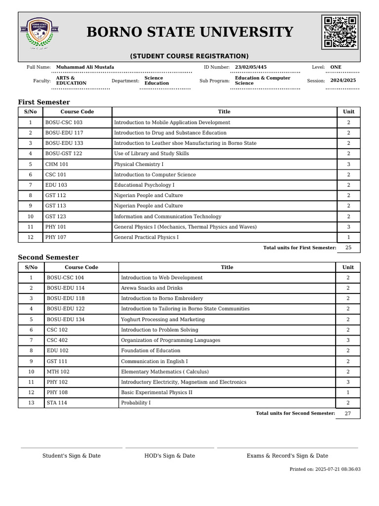 Borno State University Course Registration | PDF | Physics | Physical ...