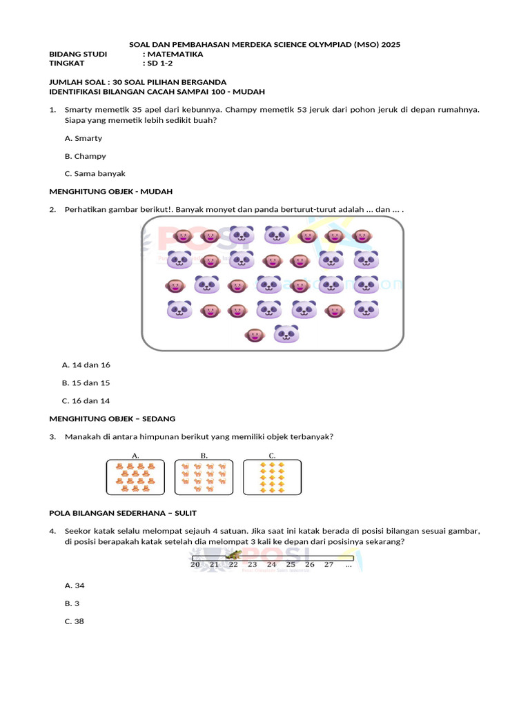 Soal MSO 2025 Matematika SD 1-2 | PDF