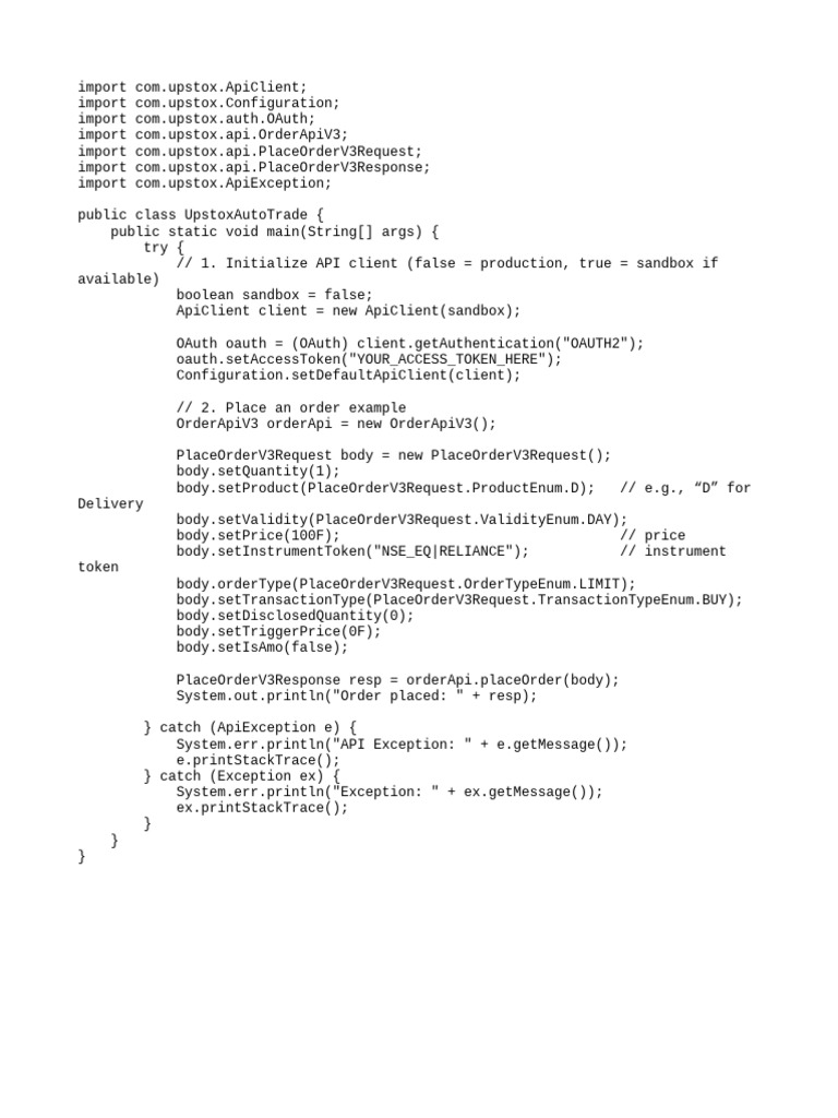 Upstox API Order Placement Example | PDF