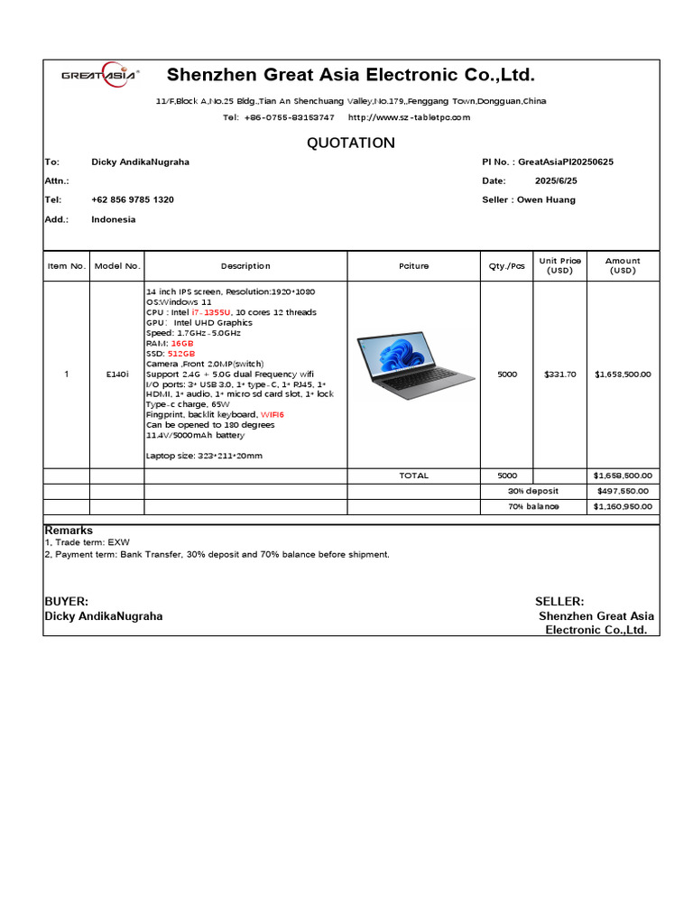 Quotation for E140i Laptop Purchase | PDF | Laptop | Portable Computers