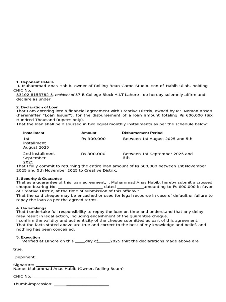 Loan Agreement Declaration by Owner | PDF