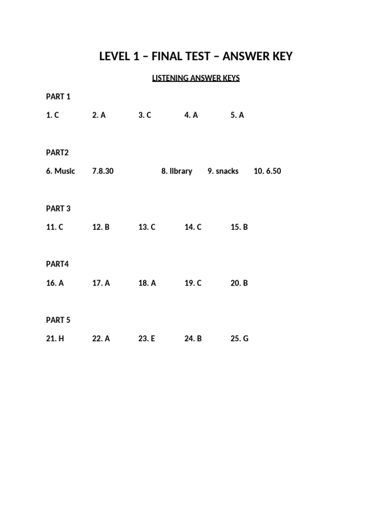 Level 1. Final Test Answer Keys | PDF