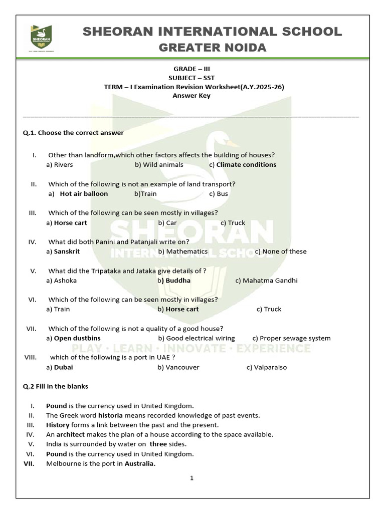 Grade III SST Revision Worksheet | PDF