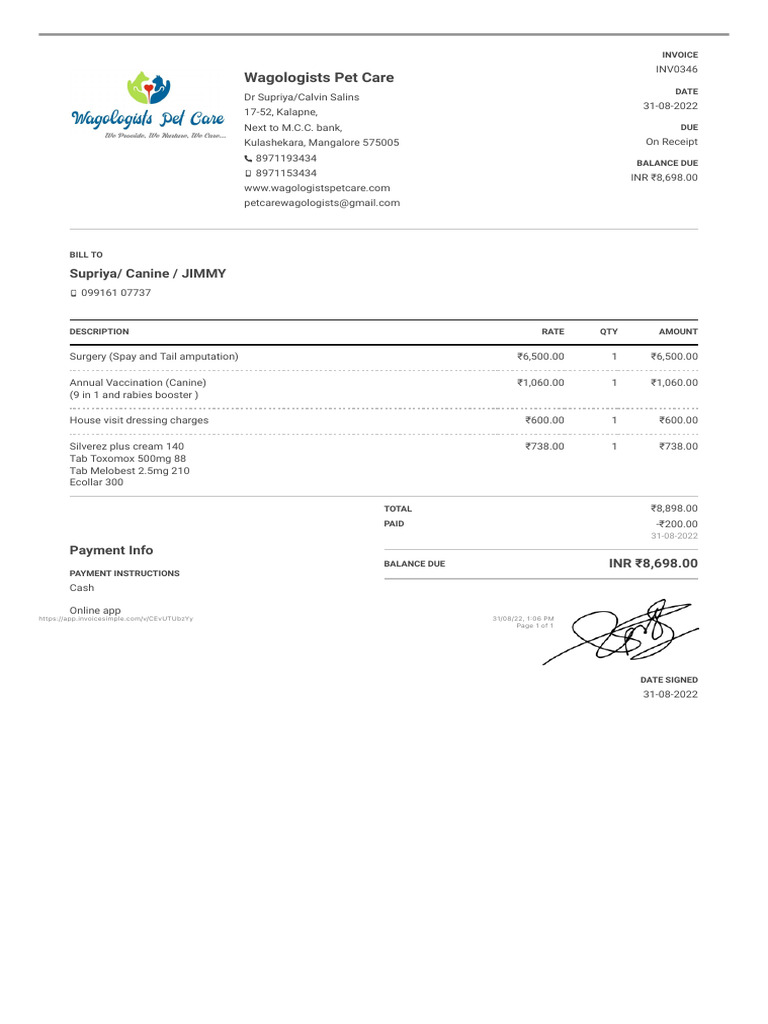 Wagologists Pet Care Invoice INV0346 | PDF | Human–Animal Interaction