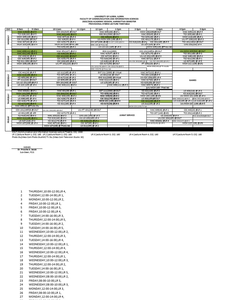 Ilorin University 2025/2026 Lecture Timetable | PDF
