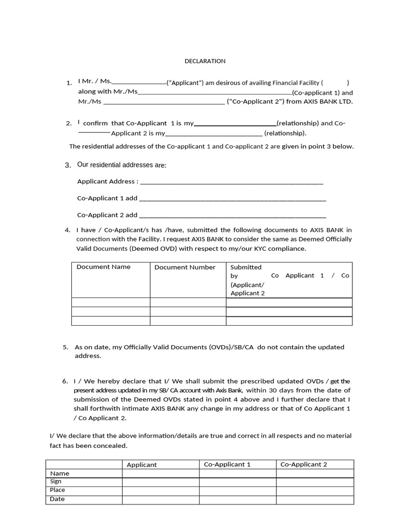 Axis Bank Financial Facility Declaration | PDF