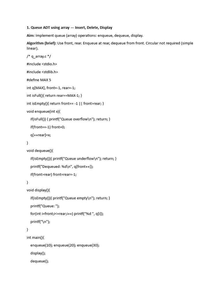 Queue ADT Using Array - Insert, Delete, Display Aim: Algorithm (Brief ...