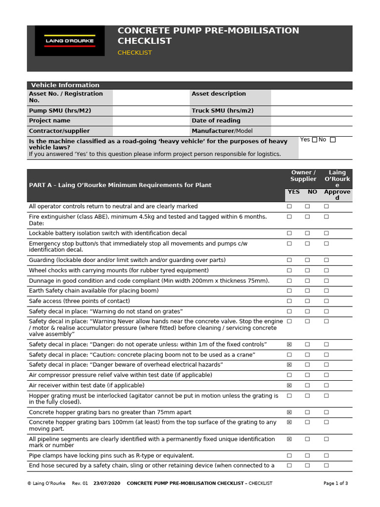 Concrete Pump Pre Mobilisation Checklist | PDF | Pump | Pipe (Fluid ...