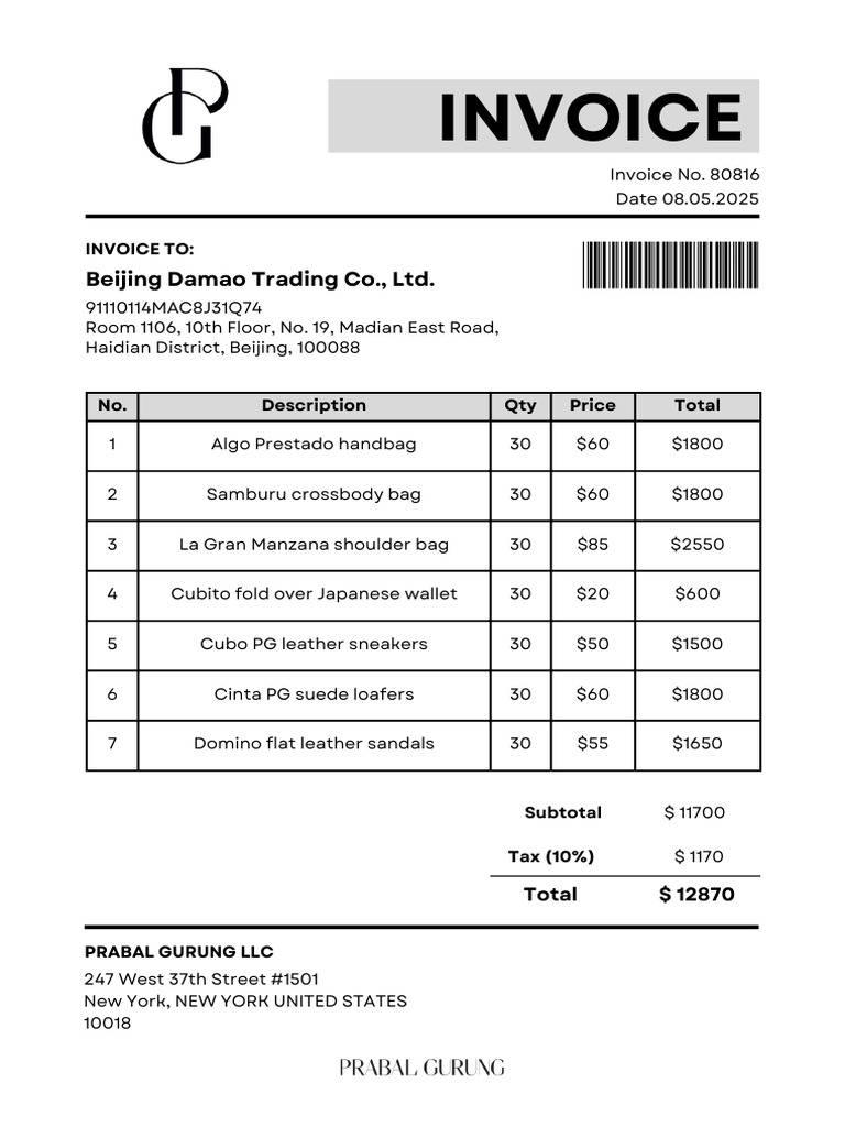 Invoice for Fashion Accessories Purchase | PDF