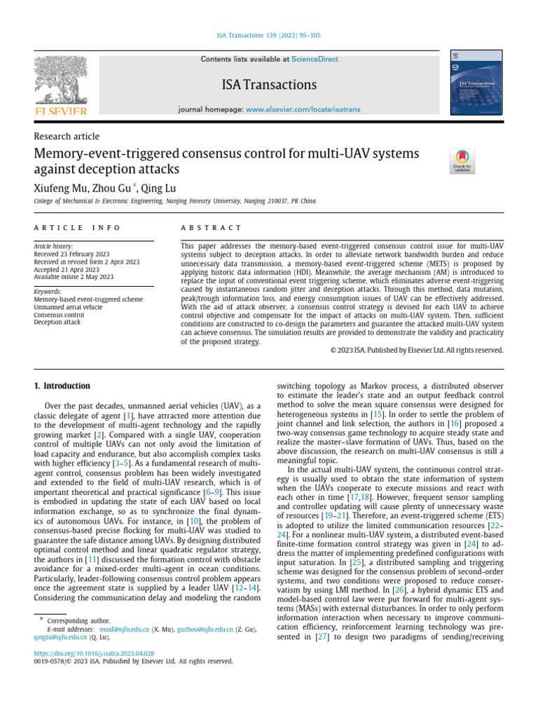 Memory-Event-Triggered Consensus Control For multi-UAV Systems | PDF ...