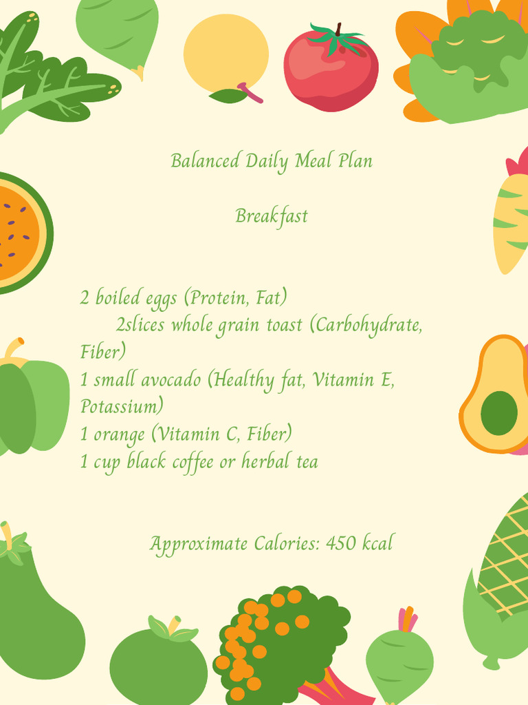 Balanced Daily Meal Plan ? Breakfast 2 boiled eggs (Protein, Fat) 2 ...