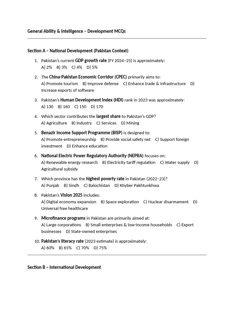 Pakistan Development MCQs & Answers | PDF | Poverty | Poverty ...