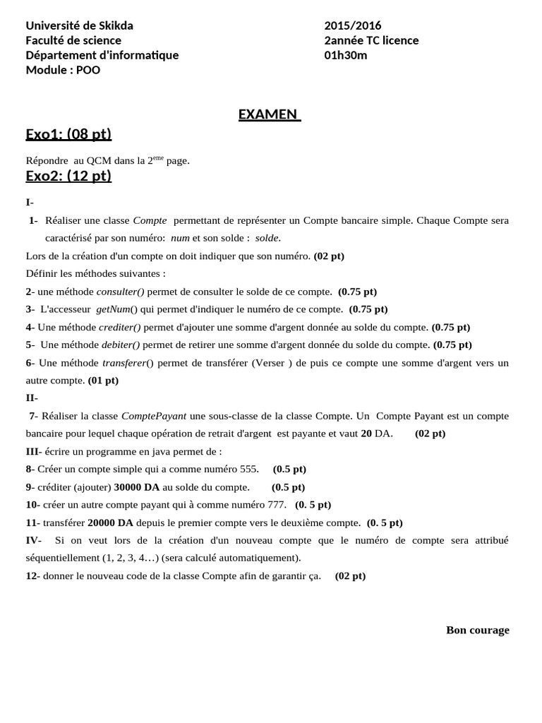 Examen POO : Classes Compte en Java | PDF | Informatique | Informatique
