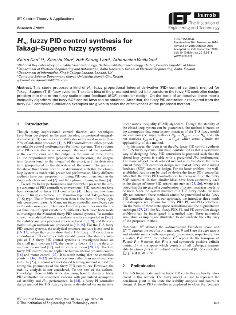 H∞ Fuzzy PID Control for T-S Systems | PDF | Control Theory | Fuzzy Logic