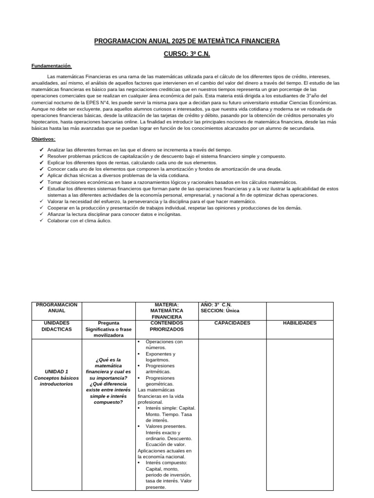 Programación Matemática Financiera 2025 | PDF | Finanzas Matemáticas ...