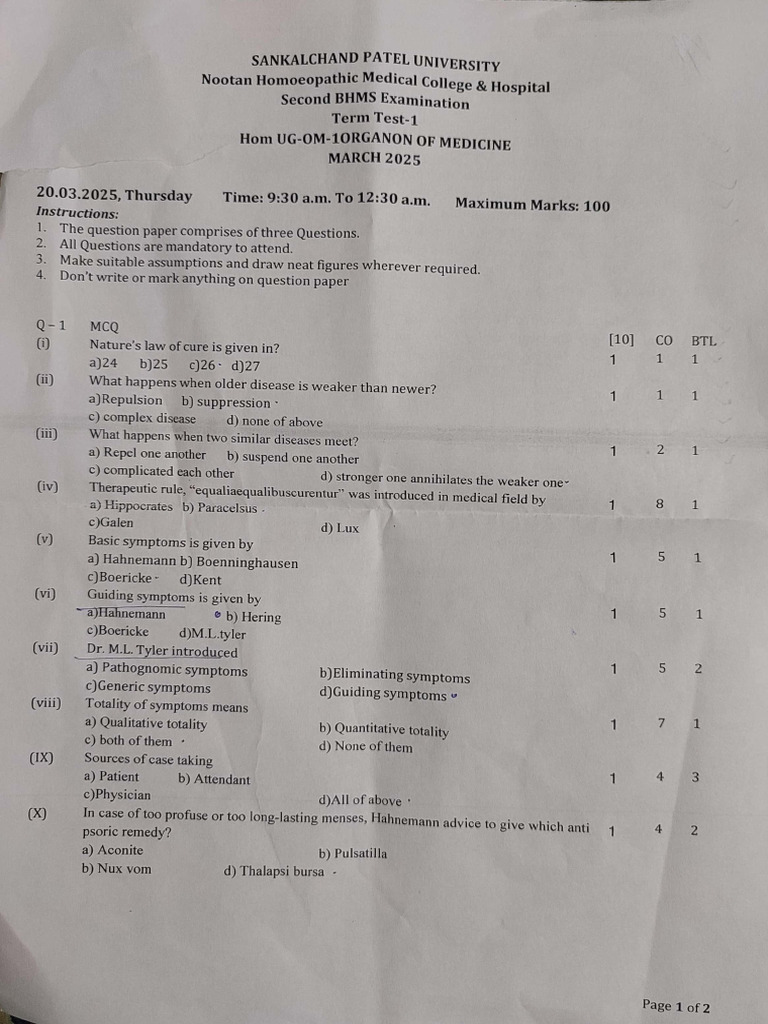 CBDC 2nd BHMS - 1st Terminal Questions Paper | PDF