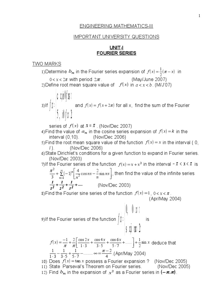 Engineering Mathematics III Important University Questions Unit I ...