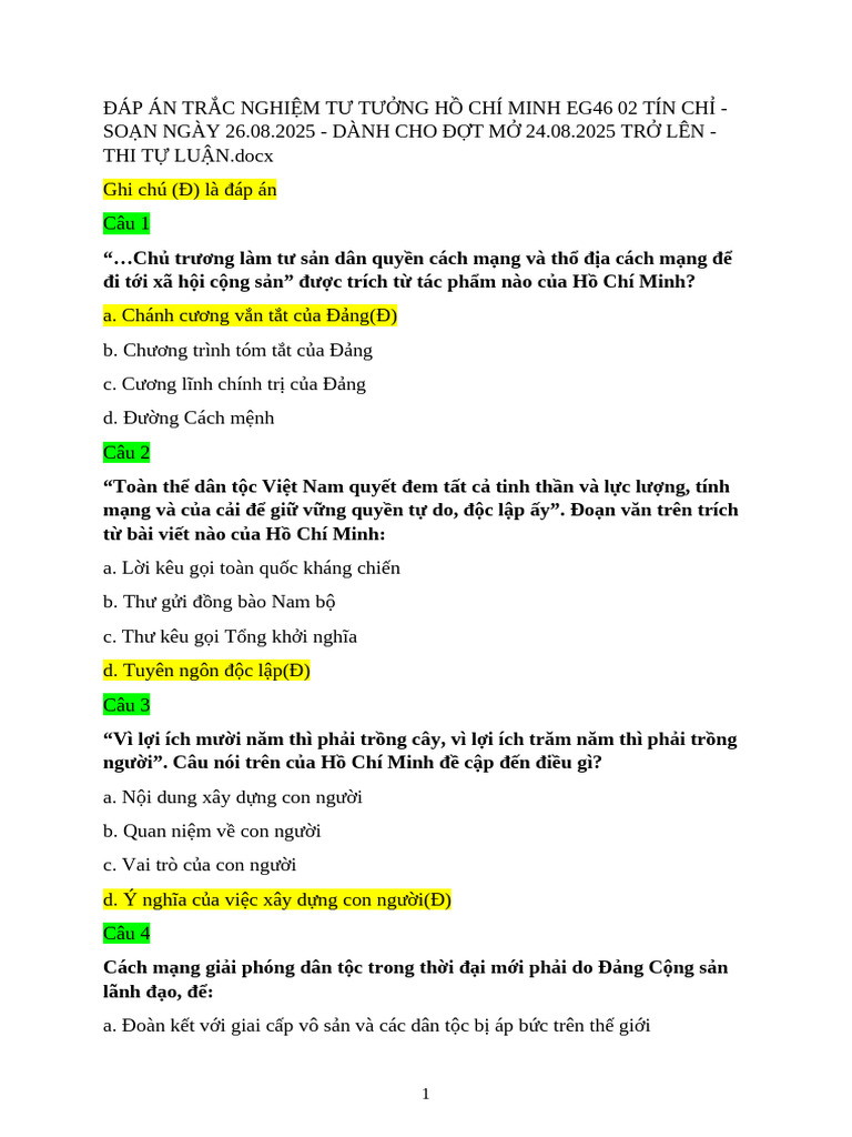 (123doc) - Dap-An-Trac-Nghiem-Tu-Tuong-Ho-Chi-Minh-Eg46 | PDF