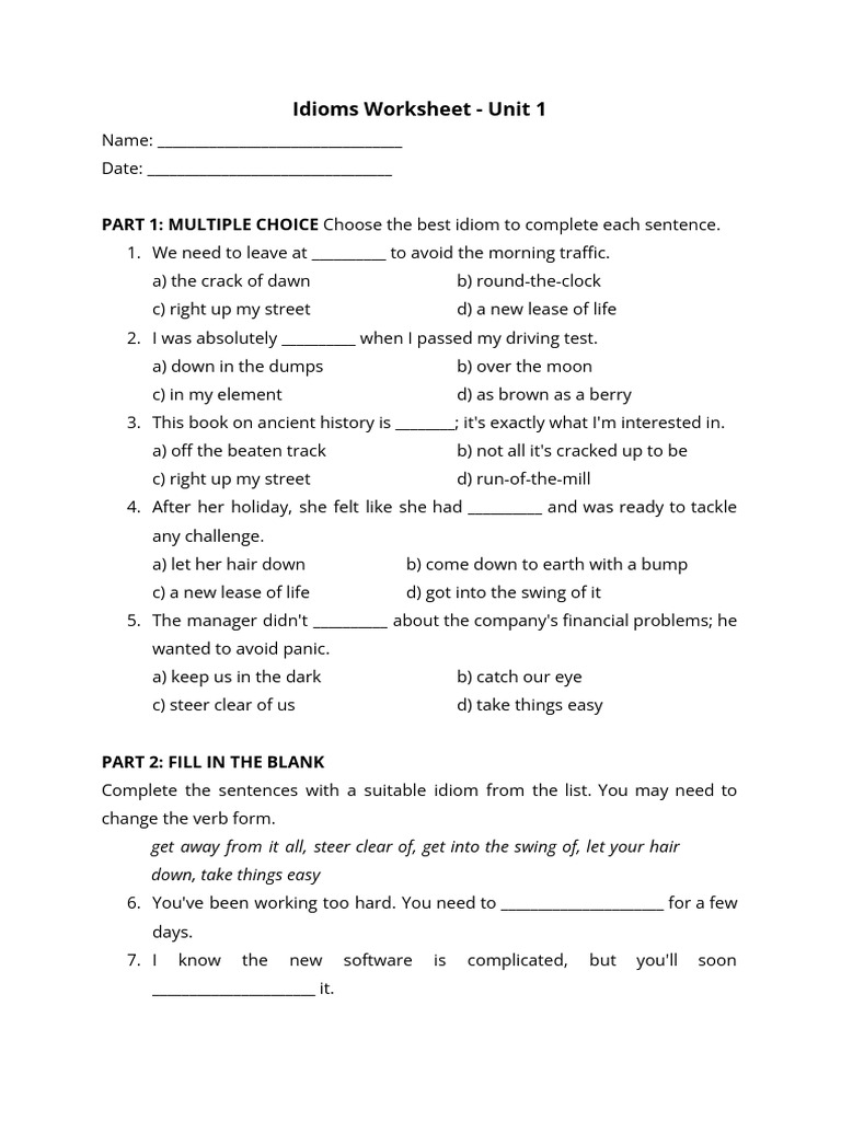 Idioms Worksheet for Language Learning | PDF | Chess Openings | Chess ...