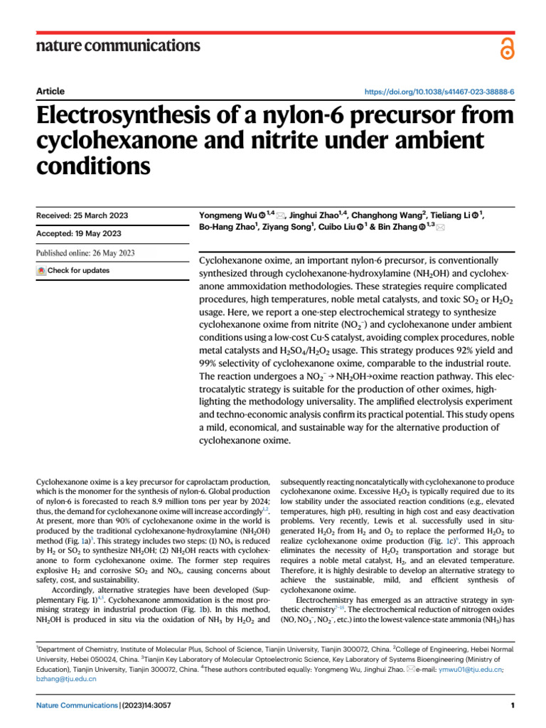 Electrosynthesis of A Nylon-6 Precursor From Cyclohexanol | PDF ...