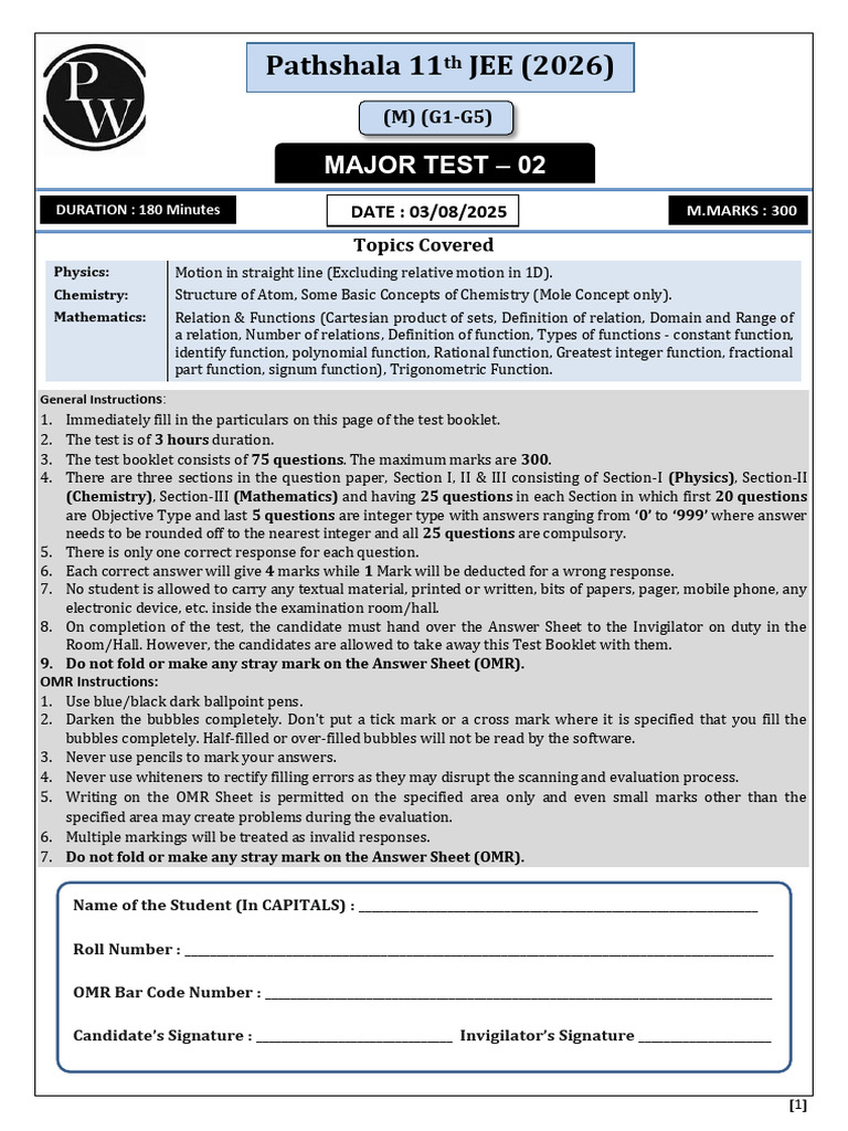 JEE Physics, Chemistry, Math Test Guide | PDF | Acceleration | Atomic ...