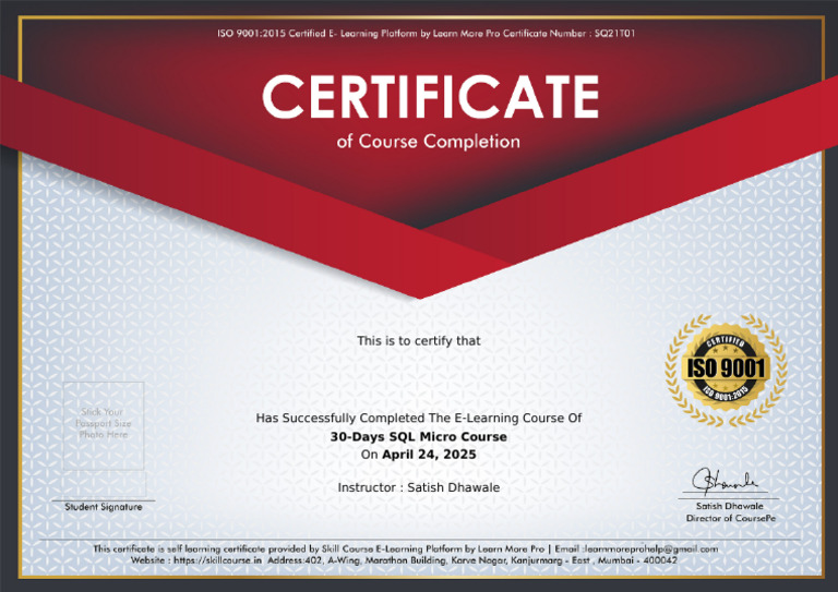 SQL Micro Course Completion Certificate | PDF