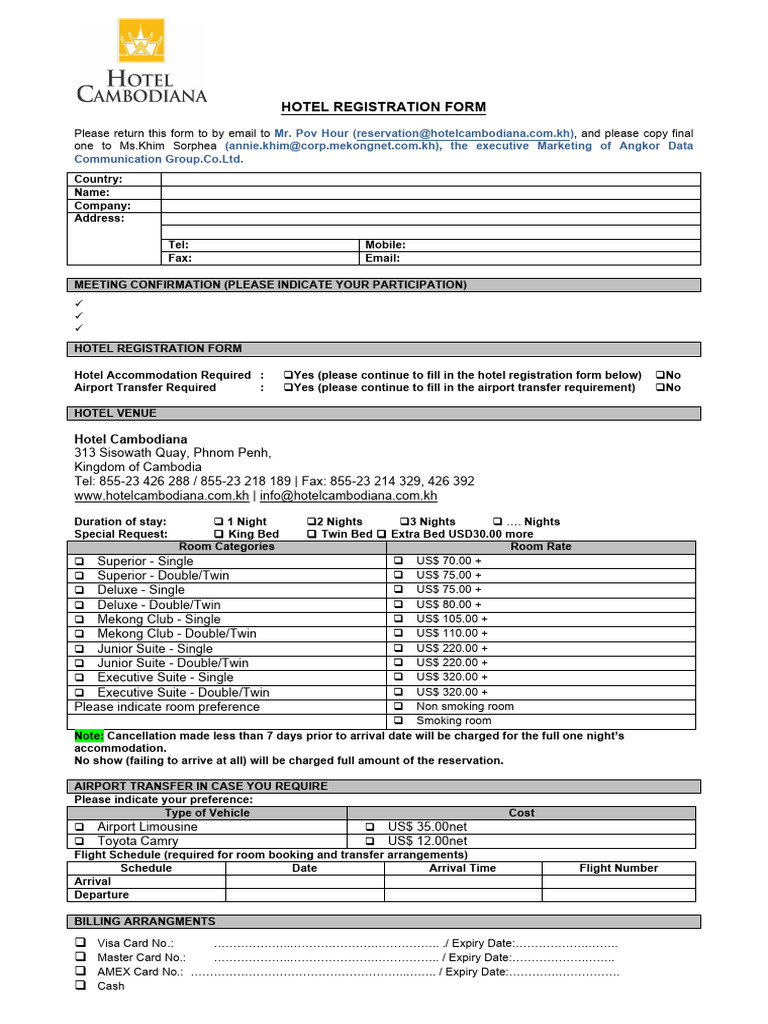 Hotel Registration Form for Cambodiana | PDF