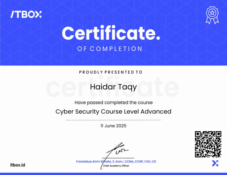 ITBox Certificate Cyber Security Course Level Advanced Haidar Taqy | PDF