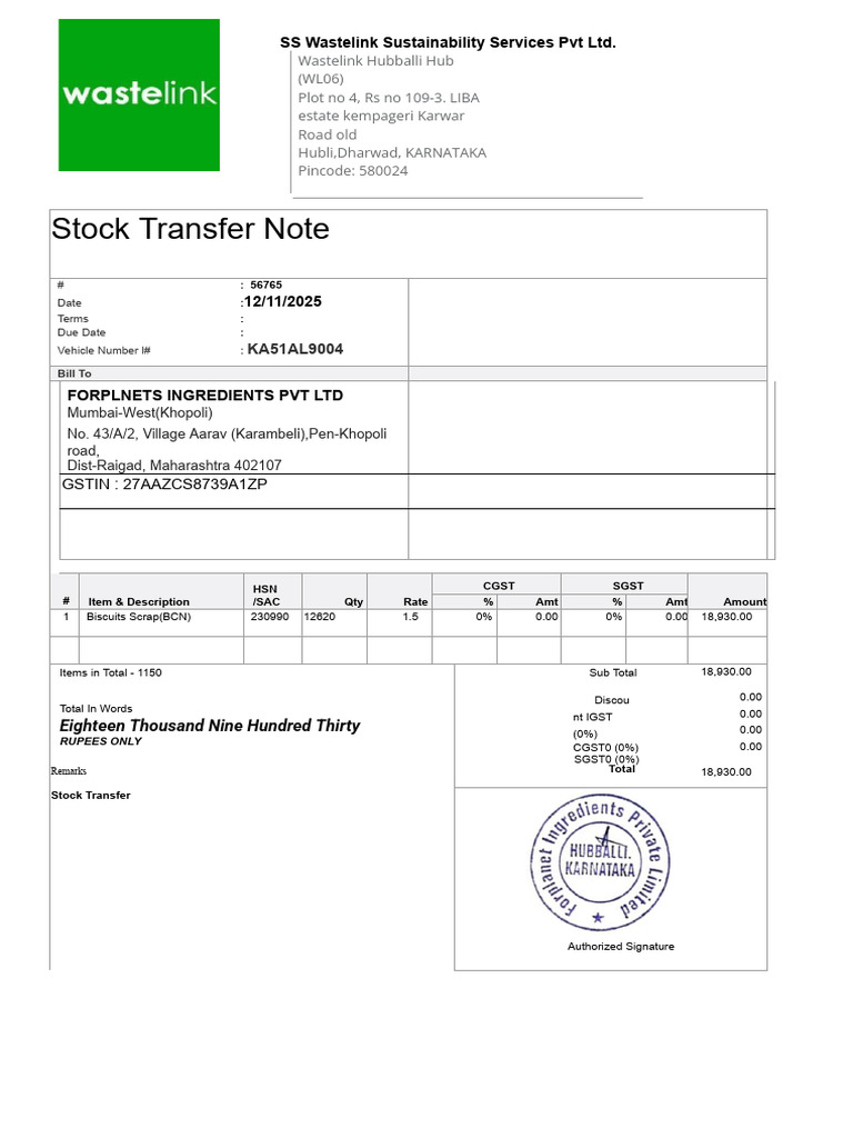 Wastelink Stock Transfer Note | PDF